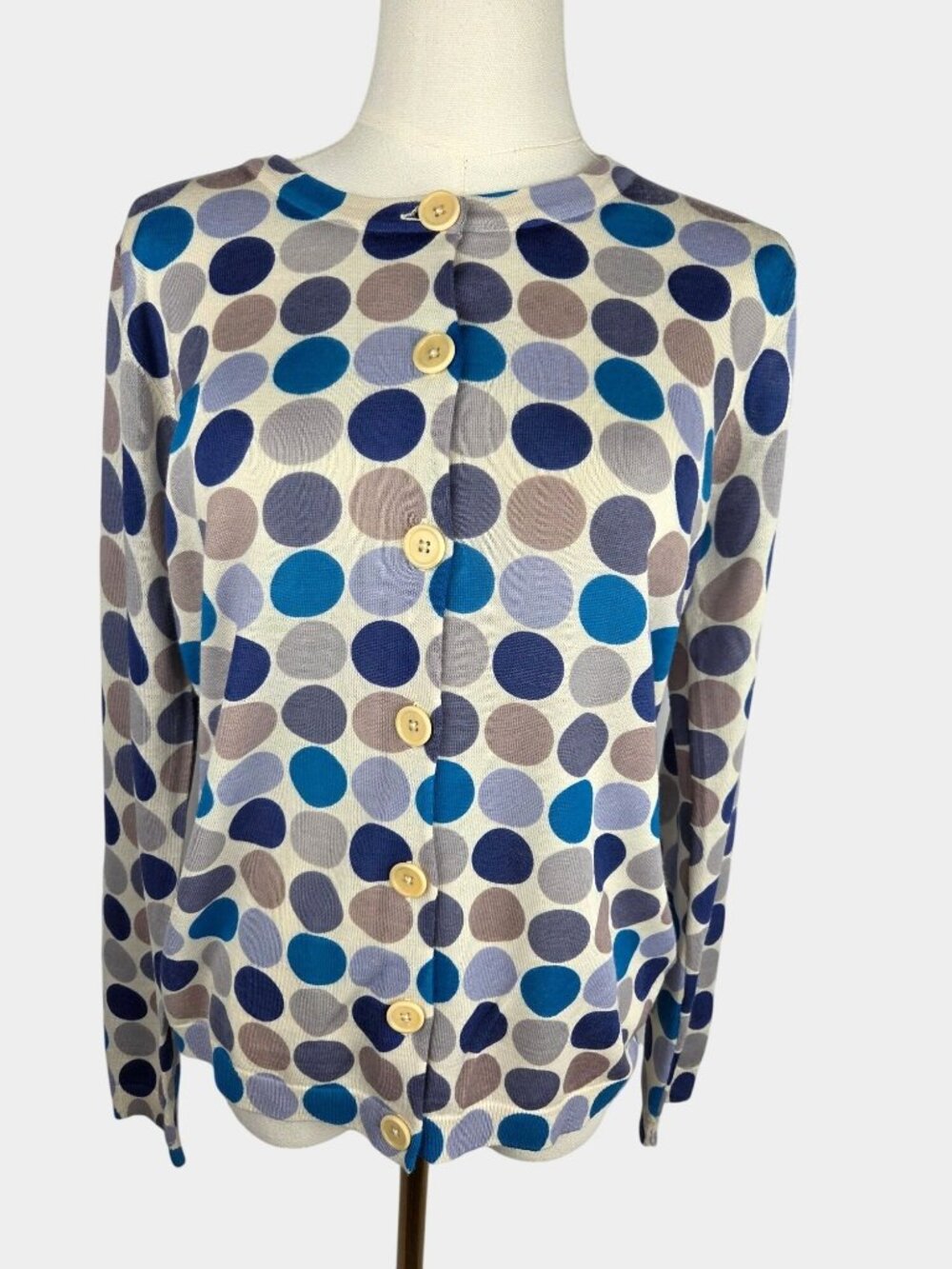 Boden Polka Dot Cardigan Sweater Blue Cream Button Front Wool Size M Preppy